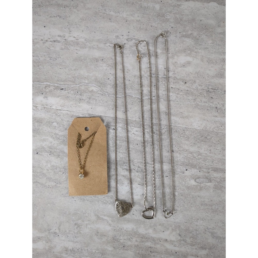 Lot Of 4 Heart Pendant Necklaces, Silver‎ & Gold Tones